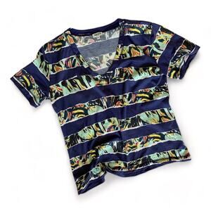 Y2K VTG Kenzo Paris Graphic Striped Cotton T-Shirt XL 90s Abstract Floral Navy